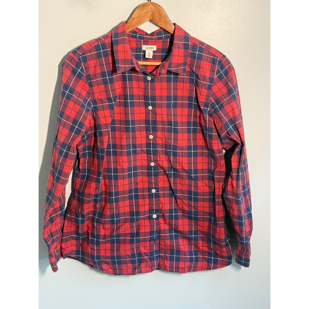 LL Bean Womens Plaid Button Down Shirt Red Navy Blue Long Sleeve Size Medium